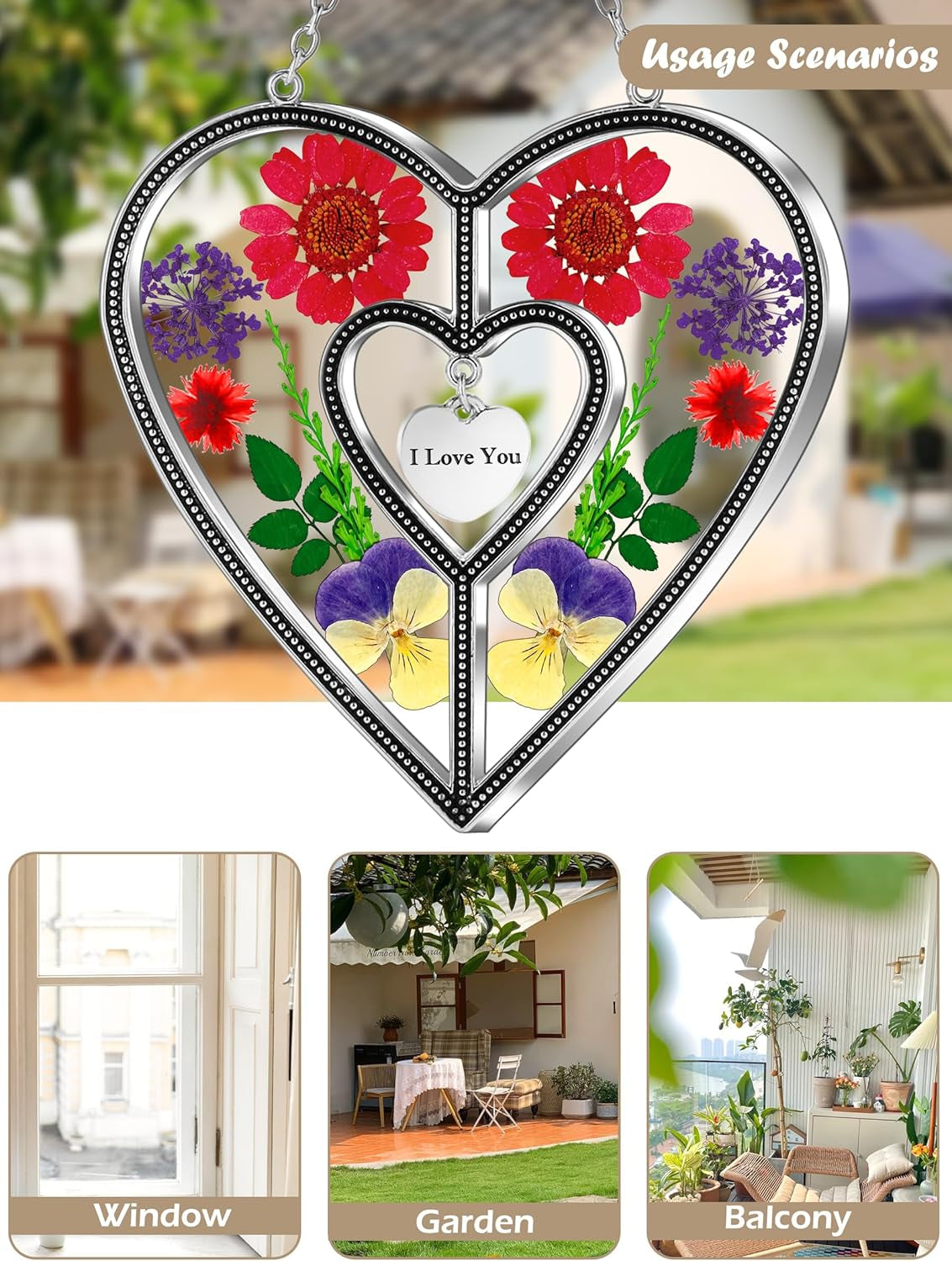 I Love You Heart Sun Catchers Suncatcher Ornament Heart Suncatcher Wind Chime with Pressed Flower Heart Embedded in Glass Love Window Hangings Birthdays Christmas Mothers Day Gift