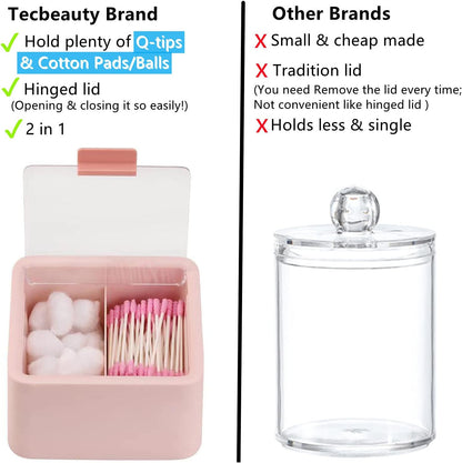 Qtips Storage Organizer - 2 Grids Separate Cotton Swabs Dispenser Qtips Holder Bathroom Canisters with Hinged Lids for Cotton Balls, Cotton Pads, Pink