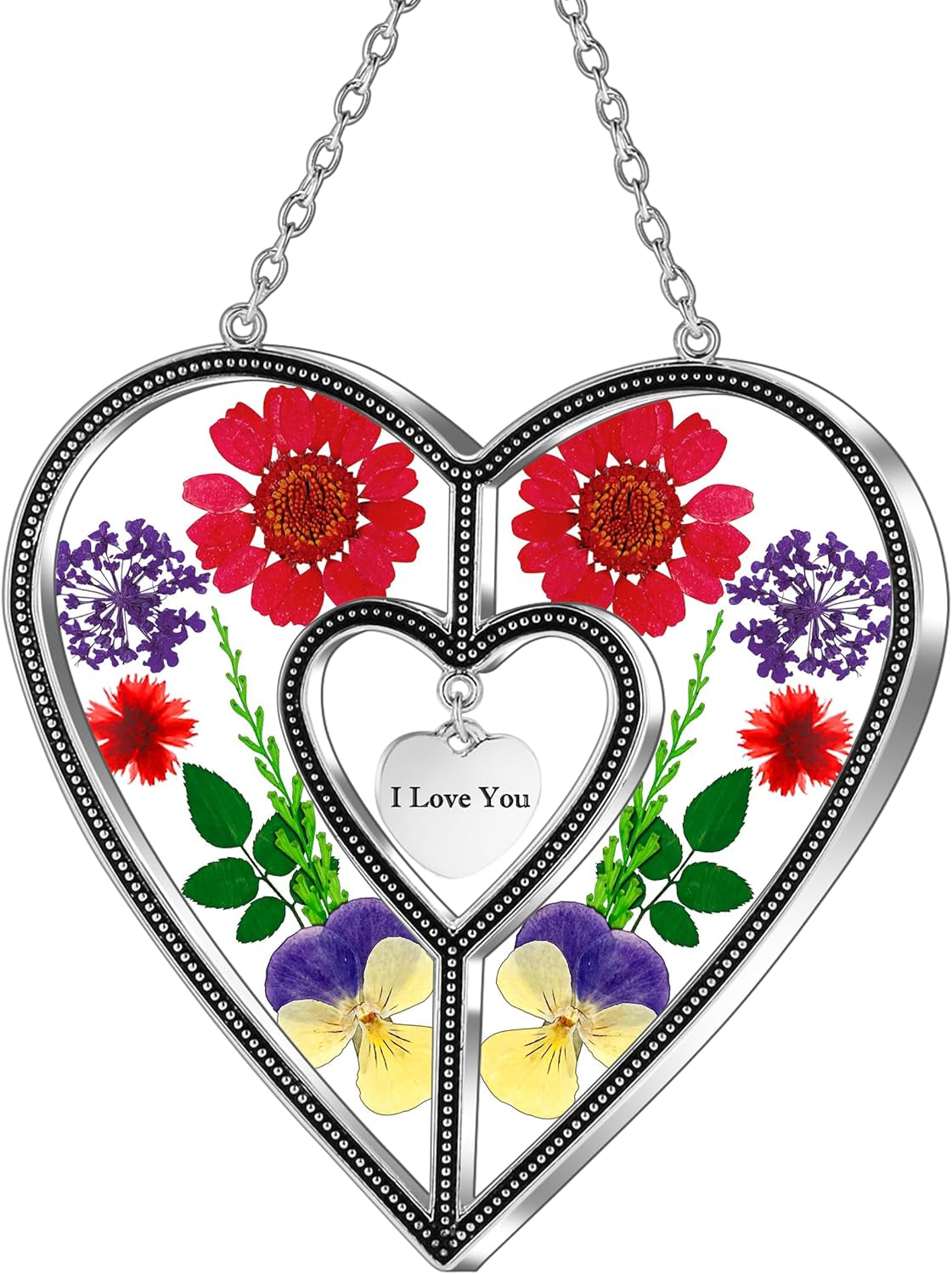 I Love You Heart Sun Catchers Suncatcher Ornament Heart Suncatcher Wind Chime with Pressed Flower Heart Embedded in Glass Love Window Hangings Birthdays Christmas Mothers Day Gift