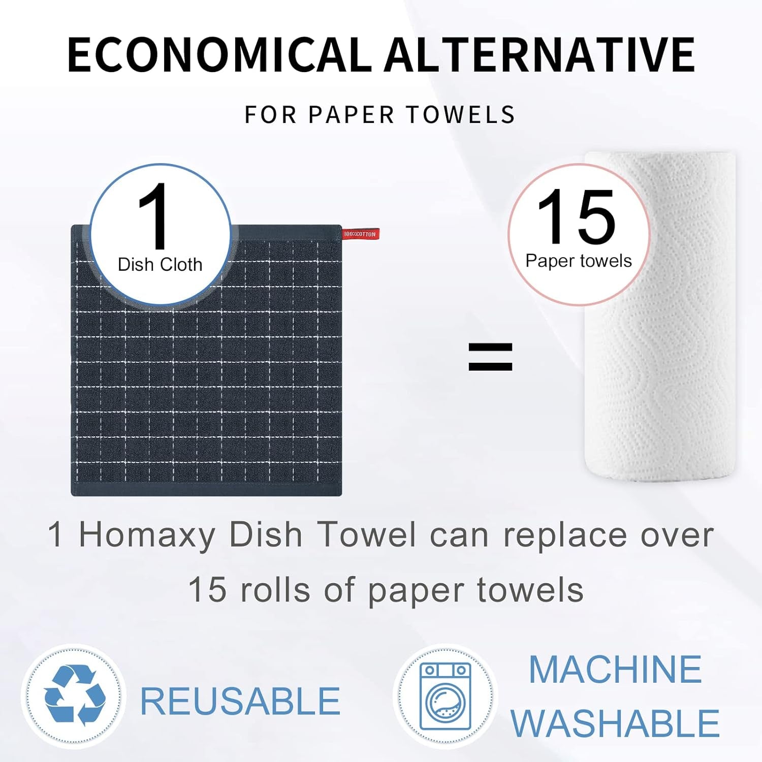 100% Cotton Terry Kitchen Dish Cloths, Highly Absorbent, Fast Drying and Machine Washable Dish Towel - Great for Household Cooking Cleaning, 6 Pack, 12 X 12 Inches, Dark Grey