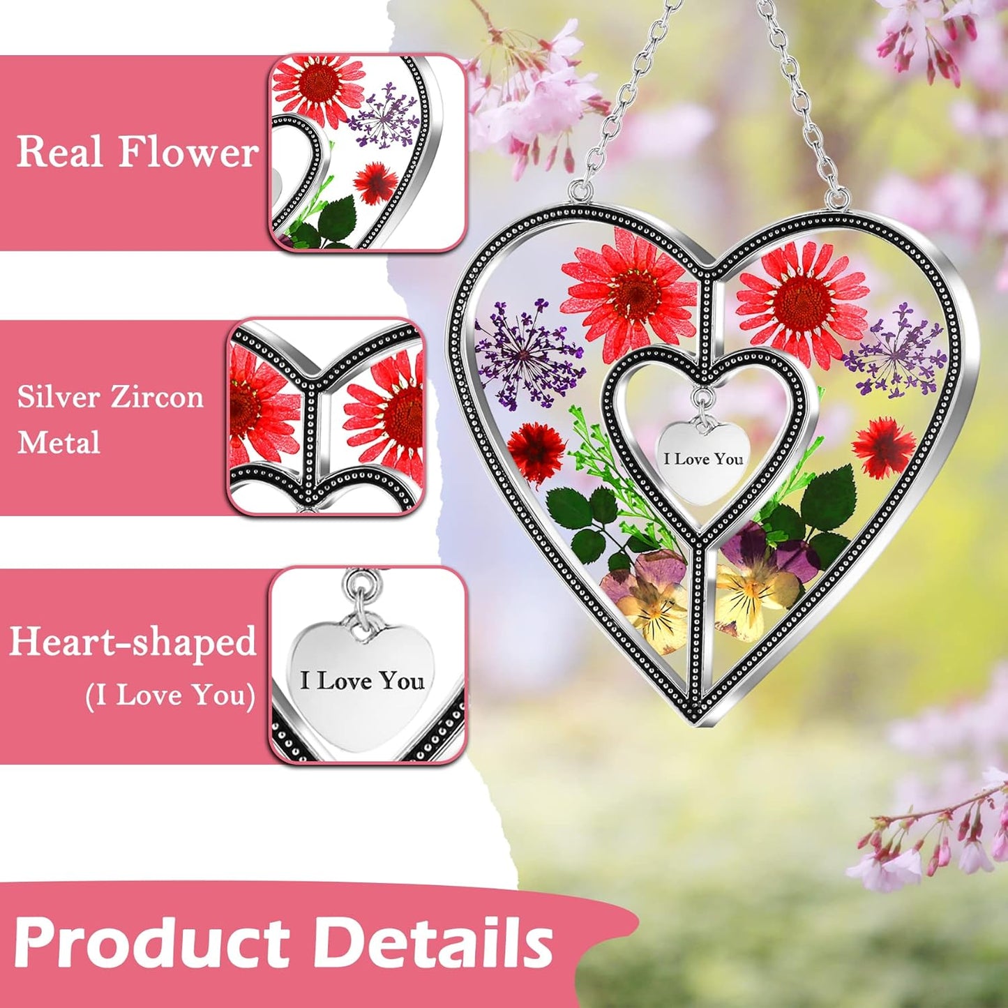 I Love You Heart Sun Catchers Suncatcher Ornament Heart Suncatcher Wind Chime with Pressed Flower Heart Embedded in Glass Love Window Hangings Birthdays Christmas Mothers Day Gift