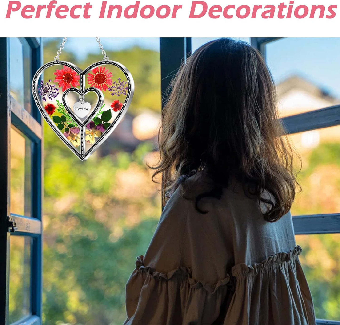 I Love You Heart Sun Catchers Suncatcher Ornament Heart Suncatcher Wind Chime with Pressed Flower Heart Embedded in Glass Love Window Hangings Birthdays Christmas Mothers Day Gift