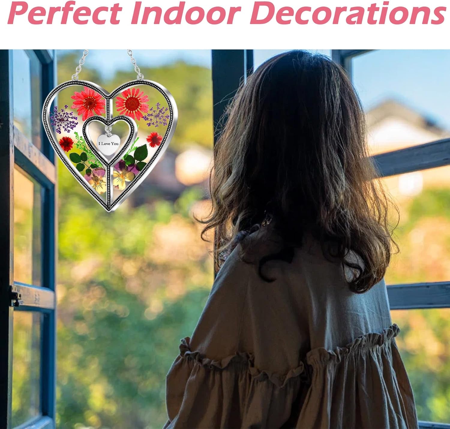 I Love You Heart Sun Catchers Suncatcher Ornament Heart Suncatcher Wind Chime with Pressed Flower Heart Embedded in Glass Love Window Hangings Birthdays Christmas Mothers Day Gift