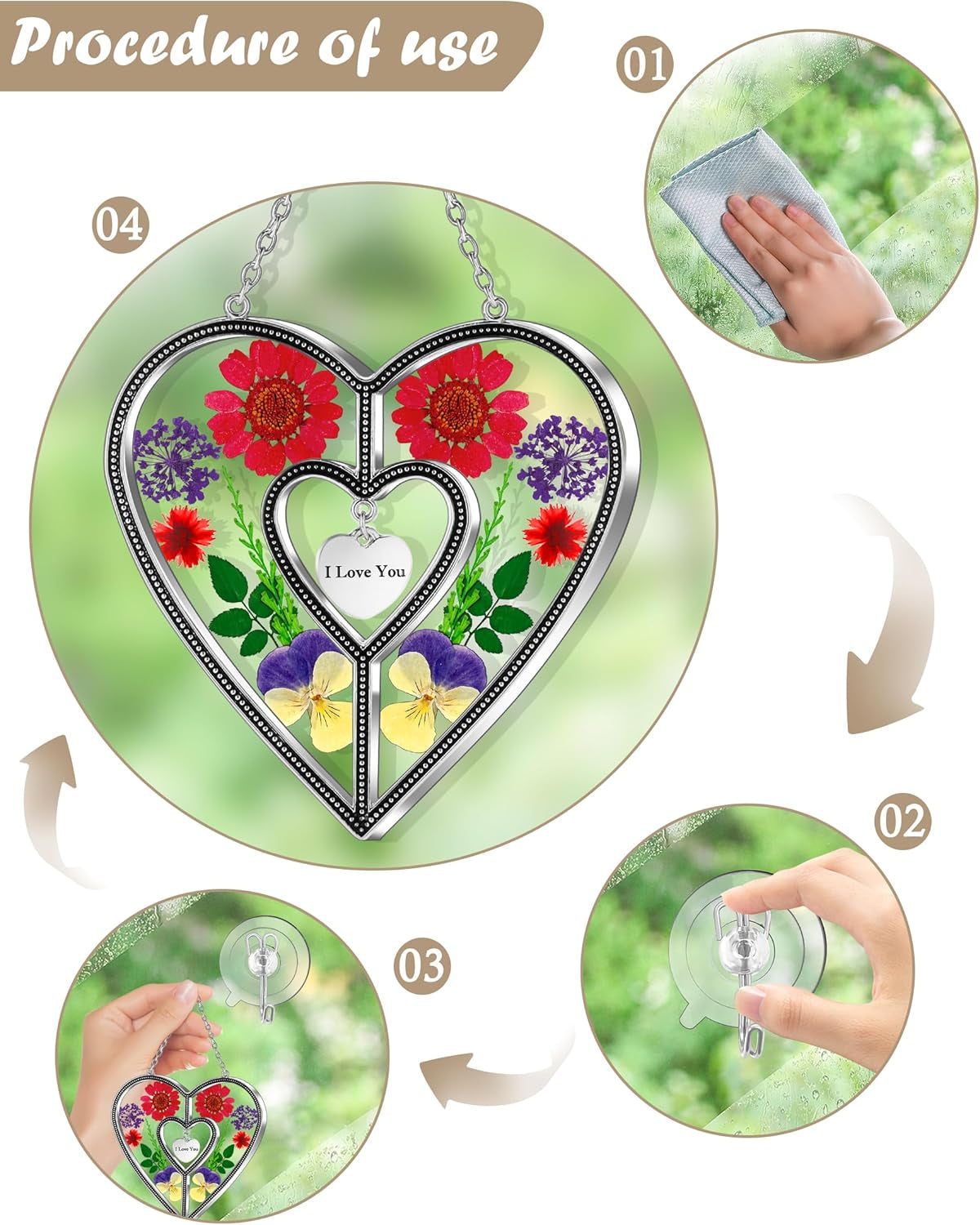 I Love You Heart Sun Catchers Suncatcher Ornament Heart Suncatcher Wind Chime with Pressed Flower Heart Embedded in Glass Love Window Hangings Birthdays Christmas Mothers Day Gift