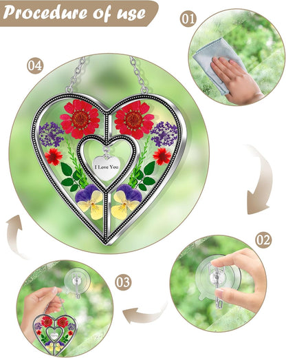 I Love You Heart Sun Catchers Suncatcher Ornament Heart Suncatcher Wind Chime with Pressed Flower Heart Embedded in Glass Love Window Hangings Birthdays Christmas Mothers Day Gift