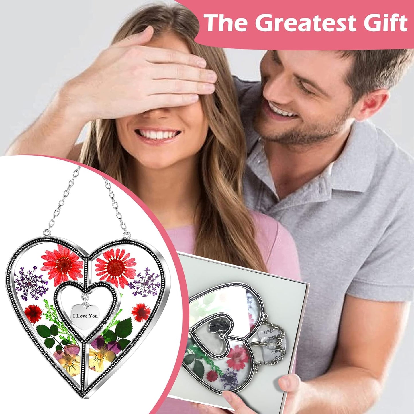 I Love You Heart Sun Catchers Suncatcher Ornament Heart Suncatcher Wind Chime with Pressed Flower Heart Embedded in Glass Love Window Hangings Birthdays Christmas Mothers Day Gift
