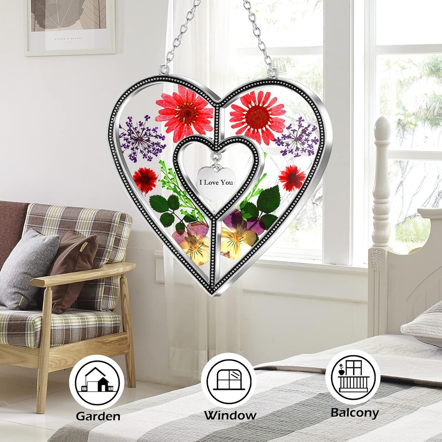 I Love You Heart Sun Catchers Suncatcher Ornament Heart Suncatcher Wind Chime with Pressed Flower Heart Embedded in Glass Love Window Hangings Birthdays Christmas Mothers Day Gift