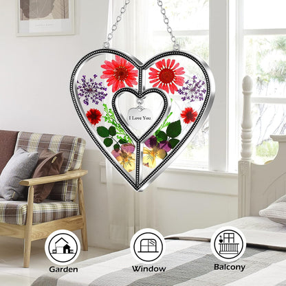 I Love You Heart Sun Catchers Suncatcher Ornament Heart Suncatcher Wind Chime with Pressed Flower Heart Embedded in Glass Love Window Hangings Birthdays Christmas Mothers Day Gift