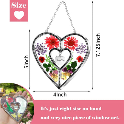 I Love You Heart Sun Catchers Suncatcher Ornament Heart Suncatcher Wind Chime with Pressed Flower Heart Embedded in Glass Love Window Hangings Birthdays Christmas Mothers Day Gift